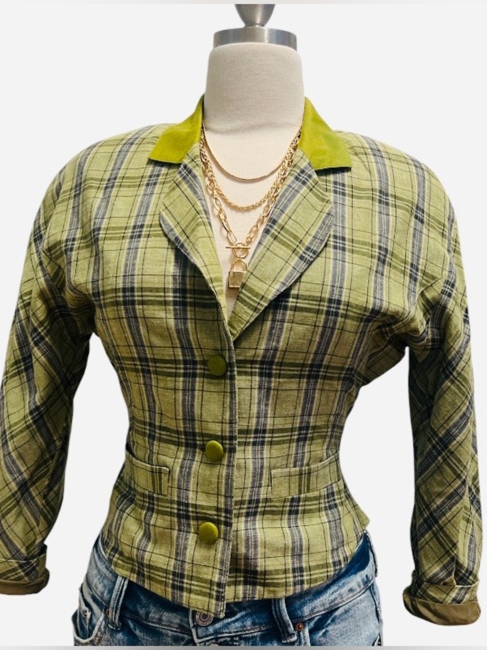 TREND- Green Plaid Blazer with Lime Collar